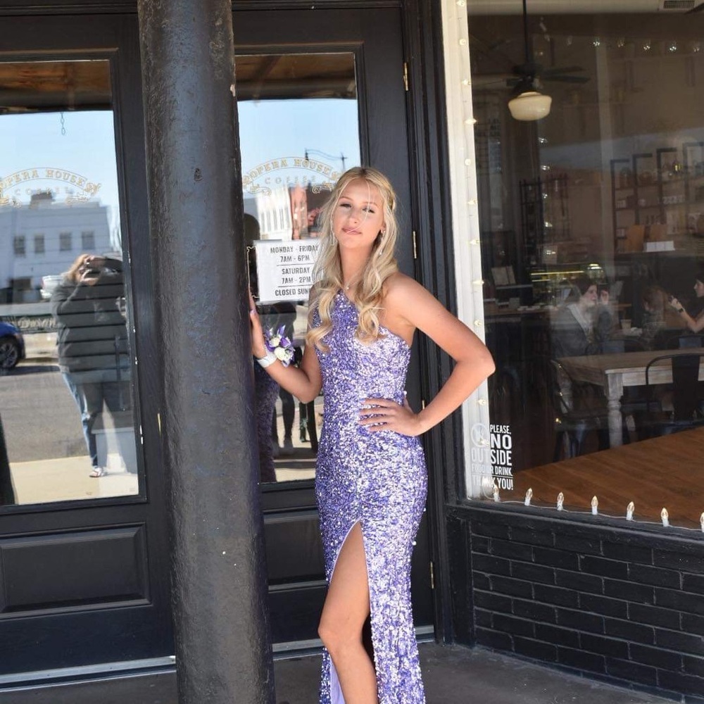 Sherri Hill One Shoulder Lavender Sequin Dress - Picture 3 of 6